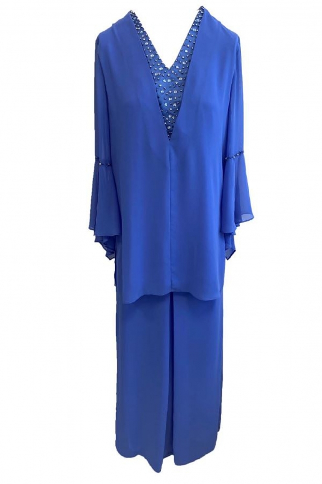 Lizabella Lizabella Two Piece Chiffon Trouser Suit - Azure - 4210-Azure